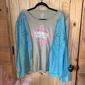 Kindness Matters Floral Graphic Tee with Denim-Style Sleeves Natural Life